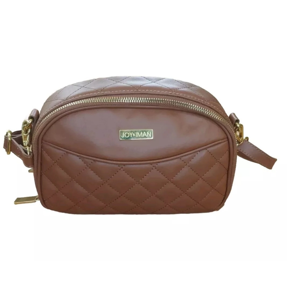 Joy Iman Leather Purse Crossbody Bag Cognac Diamond Quilted Boho Southwestern